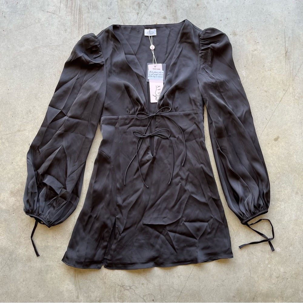 oh polly Black Satin Long Sleeve Dress
